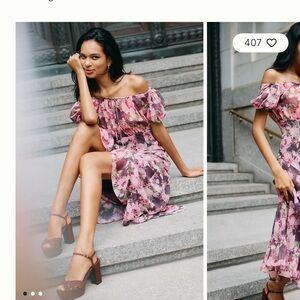 Anthropologie Pink Floral Midi Dress